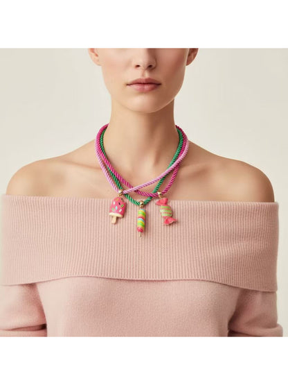 Neckit color rope necklace with multicolored candy-shaped charms on a white background