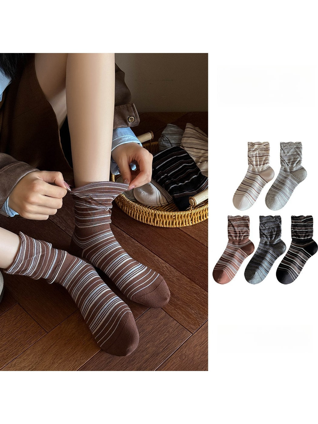 Rufia - Striped Colorblock Casual Crew Socks