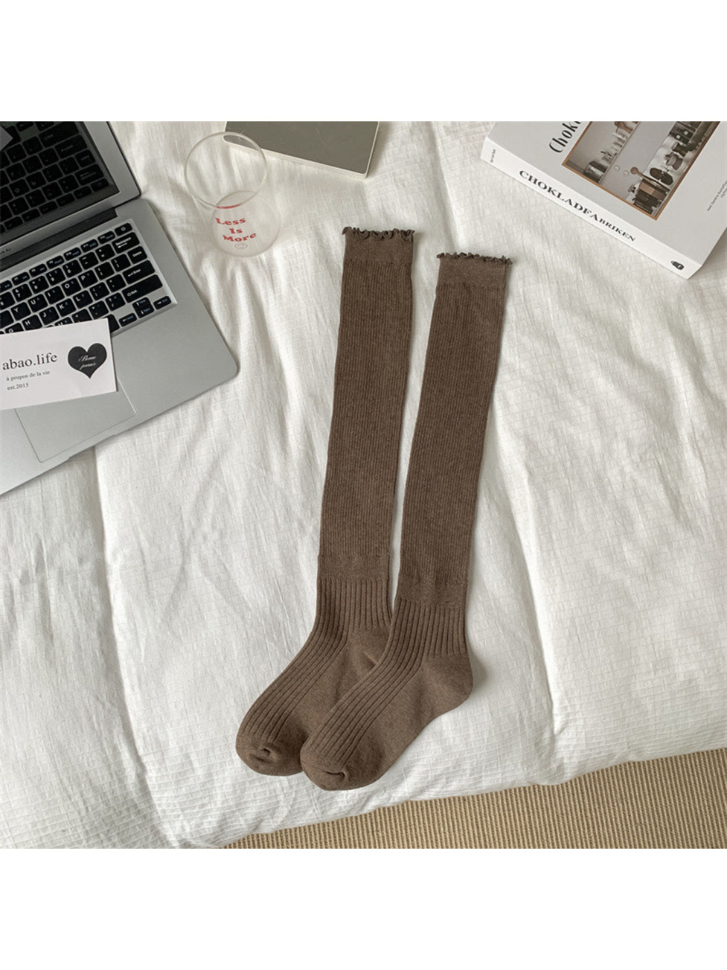 Rufia - Ribbed Knee High Socks with Scalloped Trim