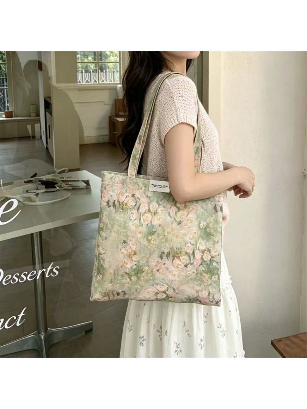 Interior view of Cosbai blush floral shoulder tote showing spacious