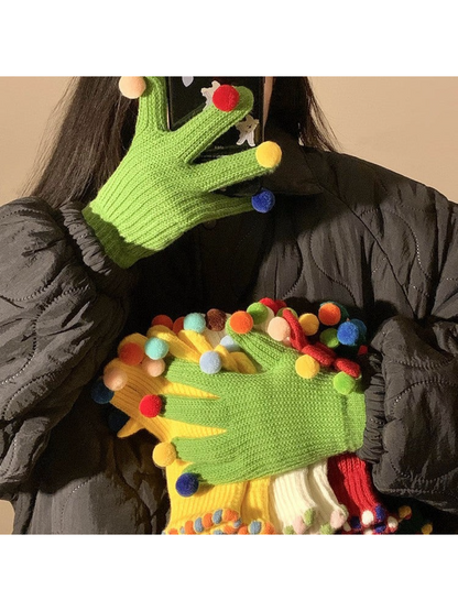 Gloving - Multicolor Pom-Pom Ribbed Gloves