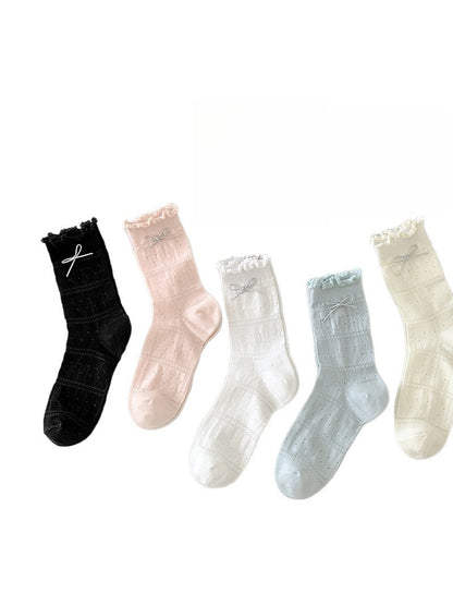Rufia - Ruffle Cuffs Bow Detail Solid Color Crew Socks