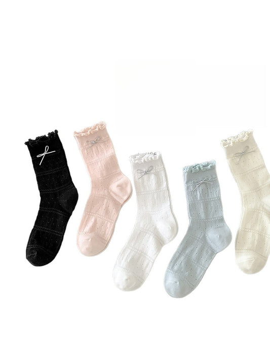 Rufia - Ruffle Cuffs Bow Detail Solid Color Crew Socks