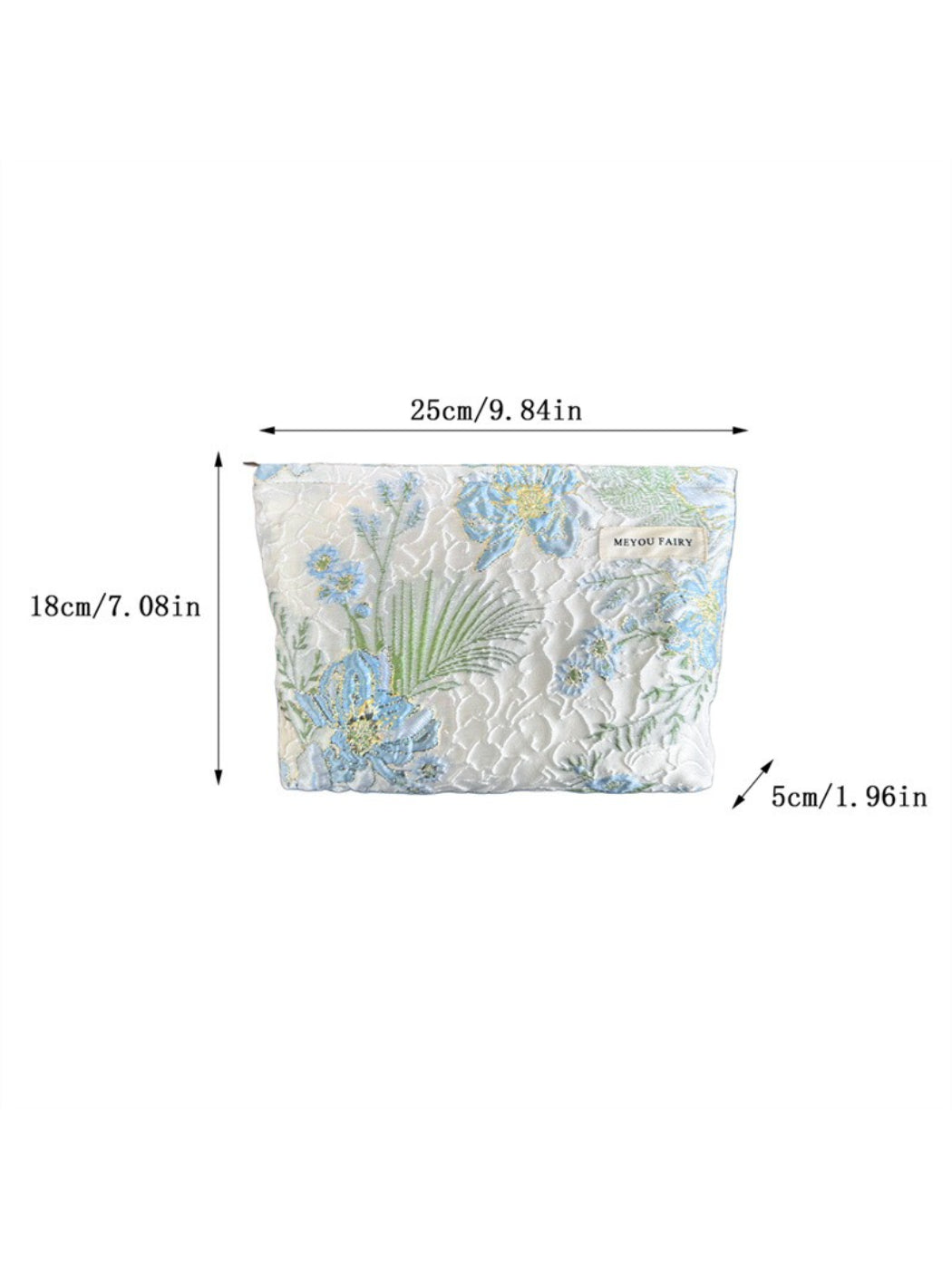 Side view of Cosbai blue floral cosmetic bag highlighting its shape and pattern