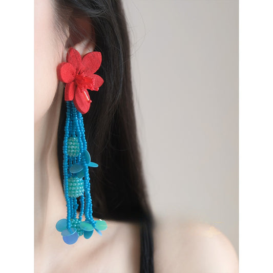 Earwish - Bohemian Beaded Flower Earrings - Blue & Red