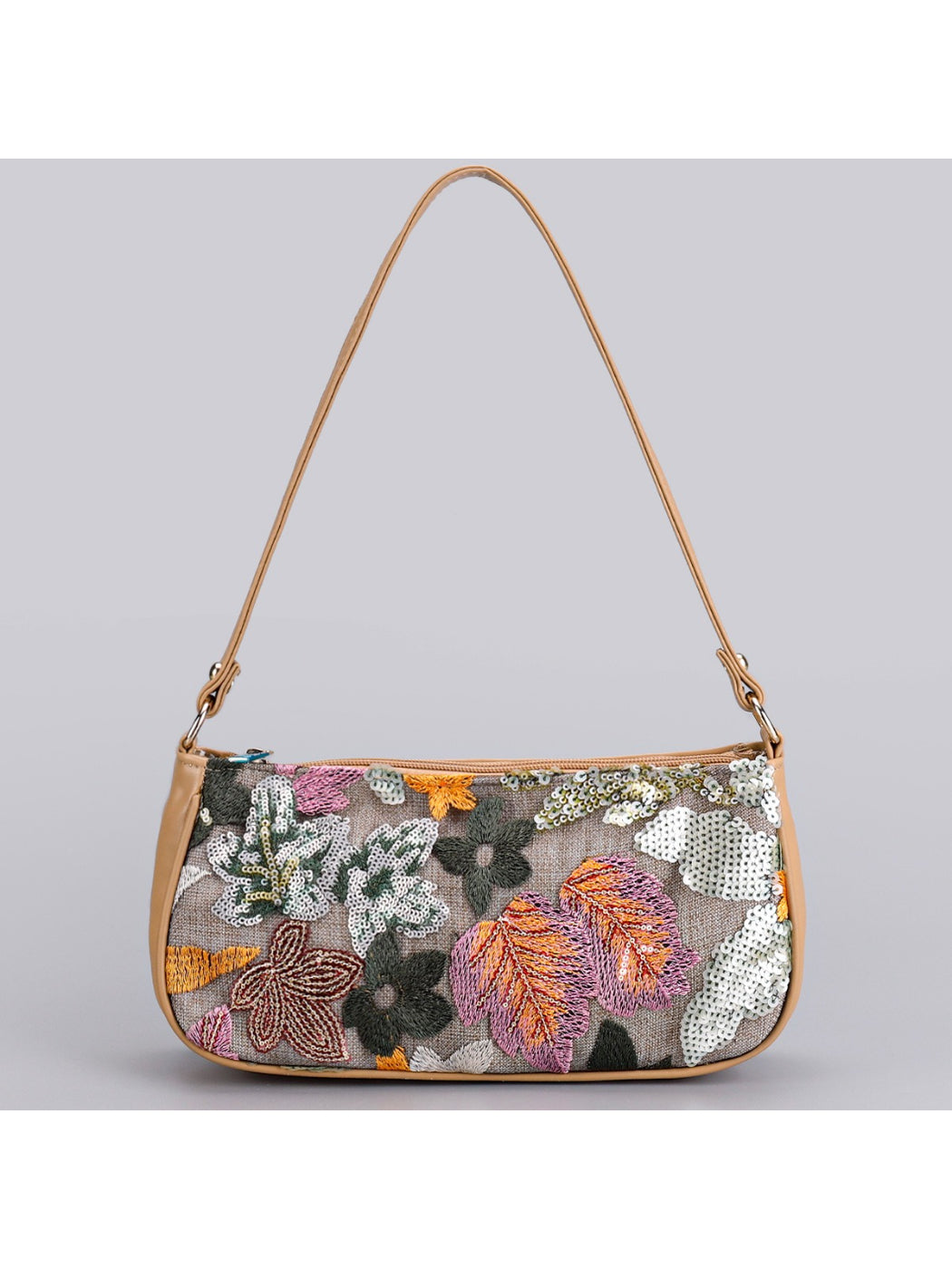 Cosbai Floral Sequin Shoulder Bag open showing interior lining and pocket