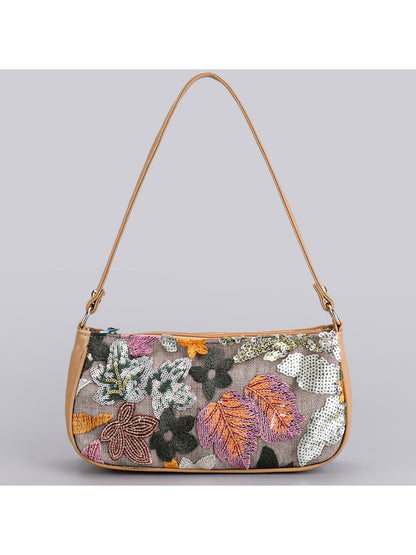 Cosbai Floral Sequin Shoulder Bag open showing interior lining and pocket