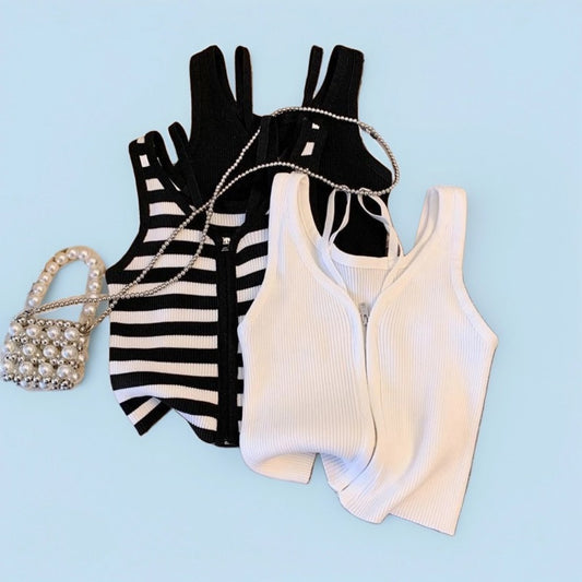 Vesty - Striped Zip-Up Sleeveless Top