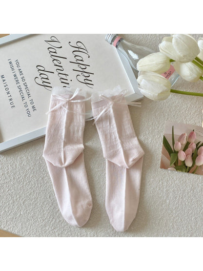 Side profile of Rufia pastel pink crew sock highlighting ribbed design