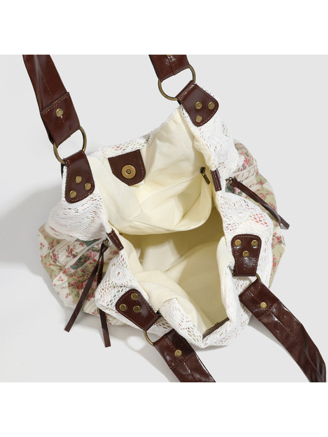 Cosbai - Floral Patchwork Lace Shoulder Tote Bag