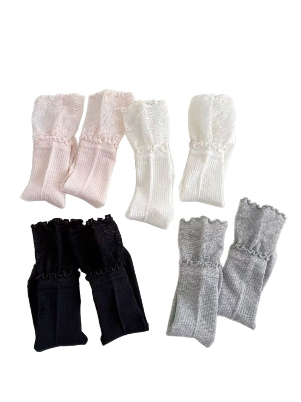 Rufia - Elegant Ruffle Trim Solid Color Crew Socks