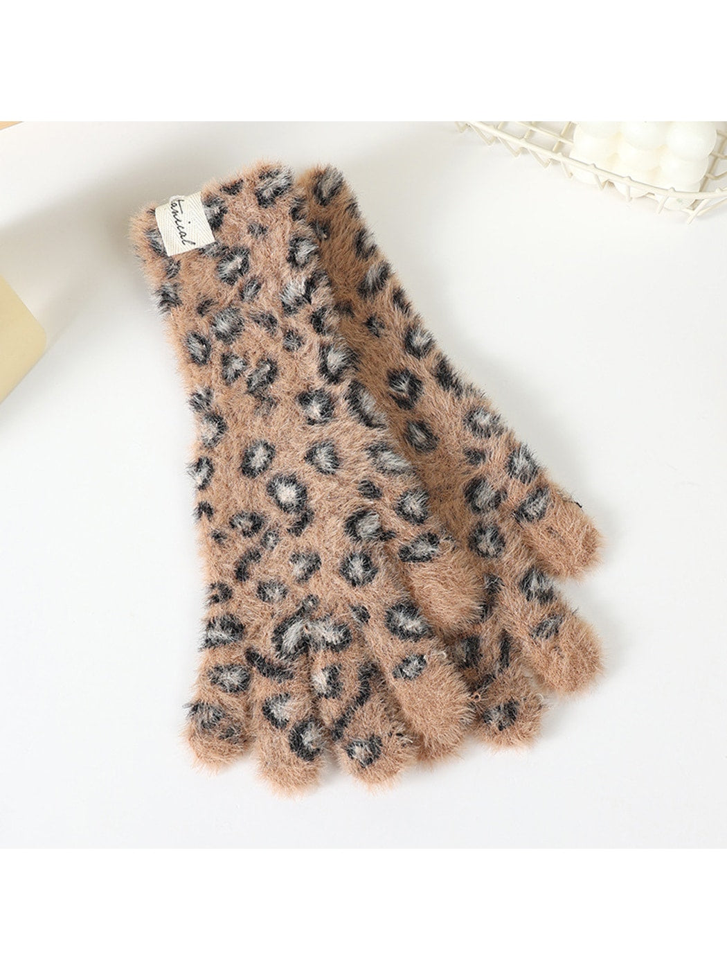 Gloving - Leopard Print Fuzzy Knit Long Cuff Gloves