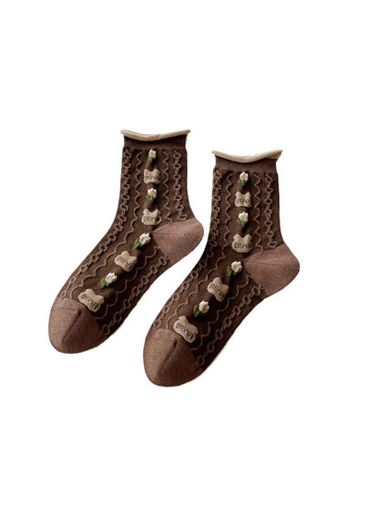 Rufia - Cartoon Bear Plaid Mid-Calf Socks