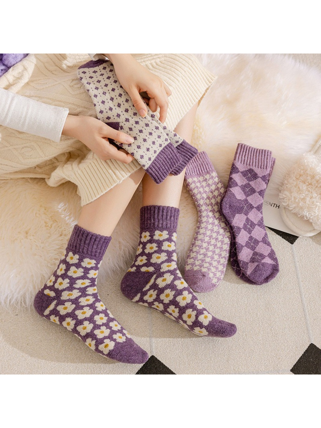 Rufia lavender pattern crew socks worn with skirt