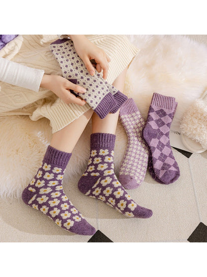 Rufia lavender pattern crew socks worn with skirt