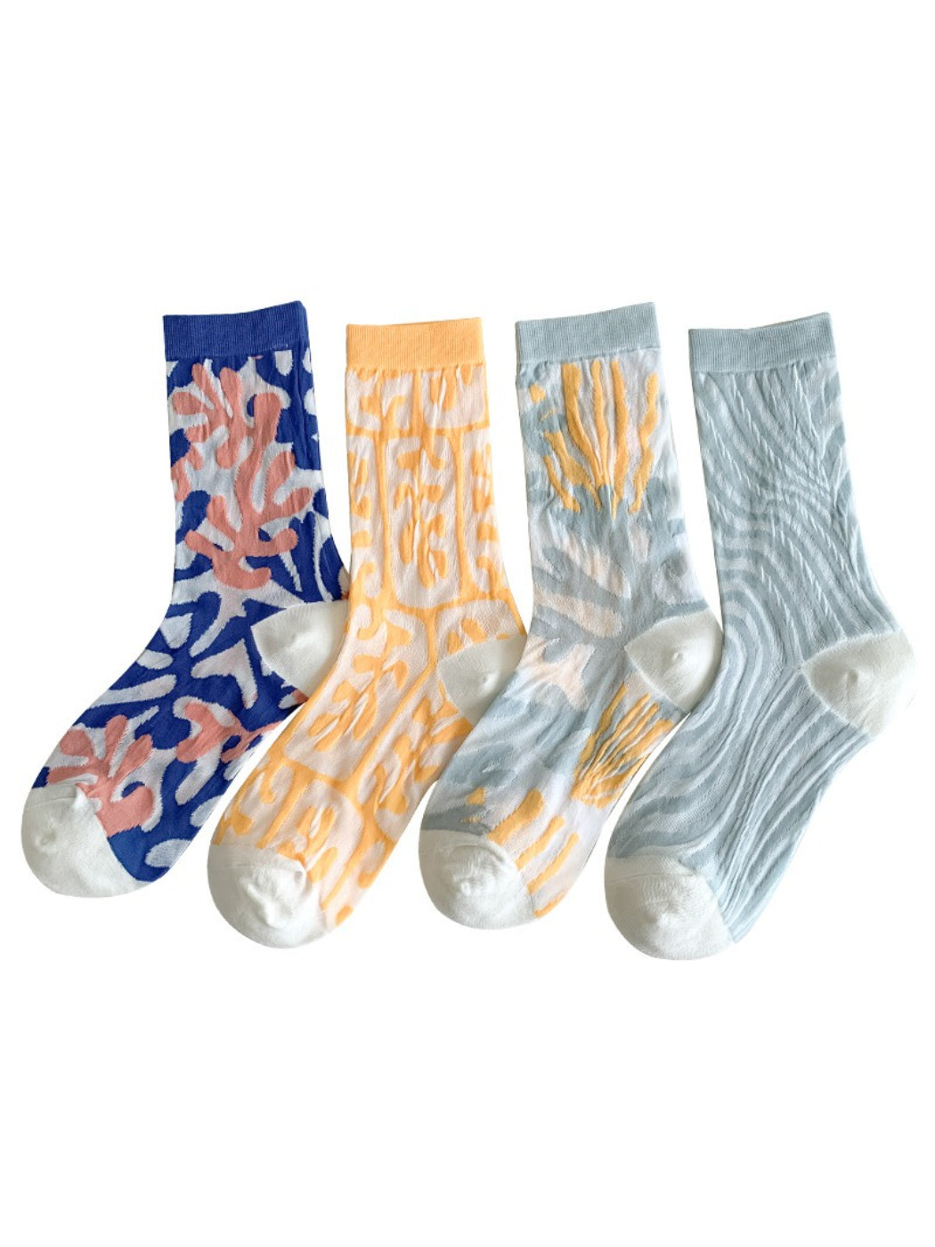 Pair of Rufia modern floral mixed crew socks displayed flat showing colorful flower patterns