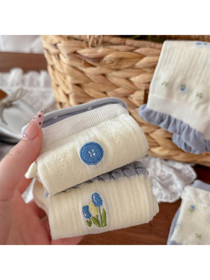 Rufia - Sweet Blue Print Ruffle Crew Socks