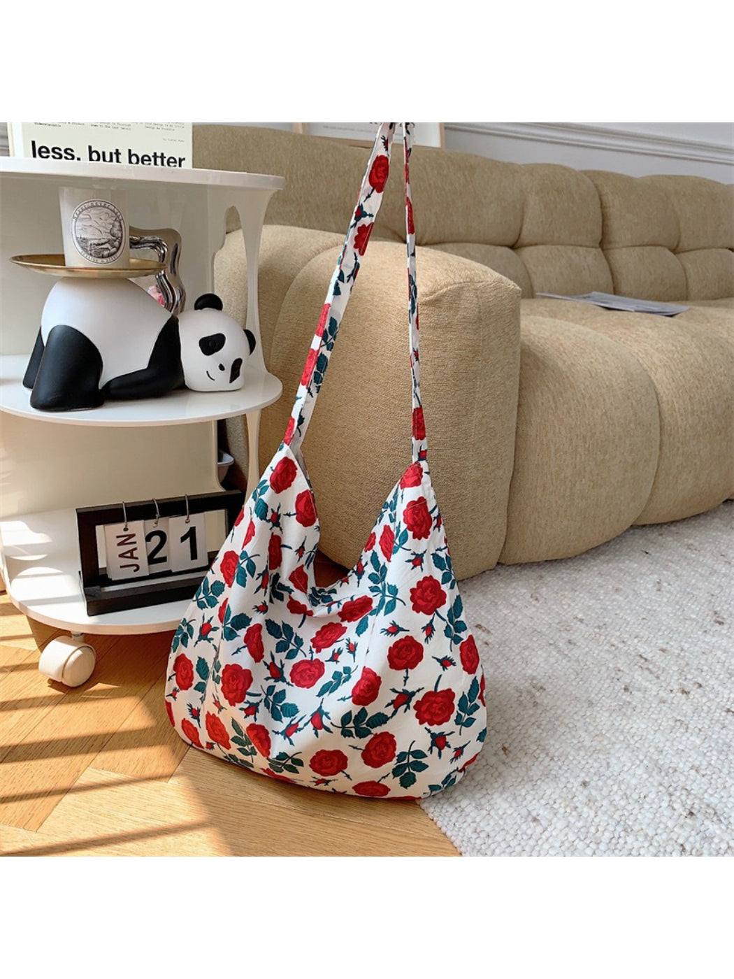 Cosbai - Painterly Floral Pattern Soft Shoulder Tote Bag