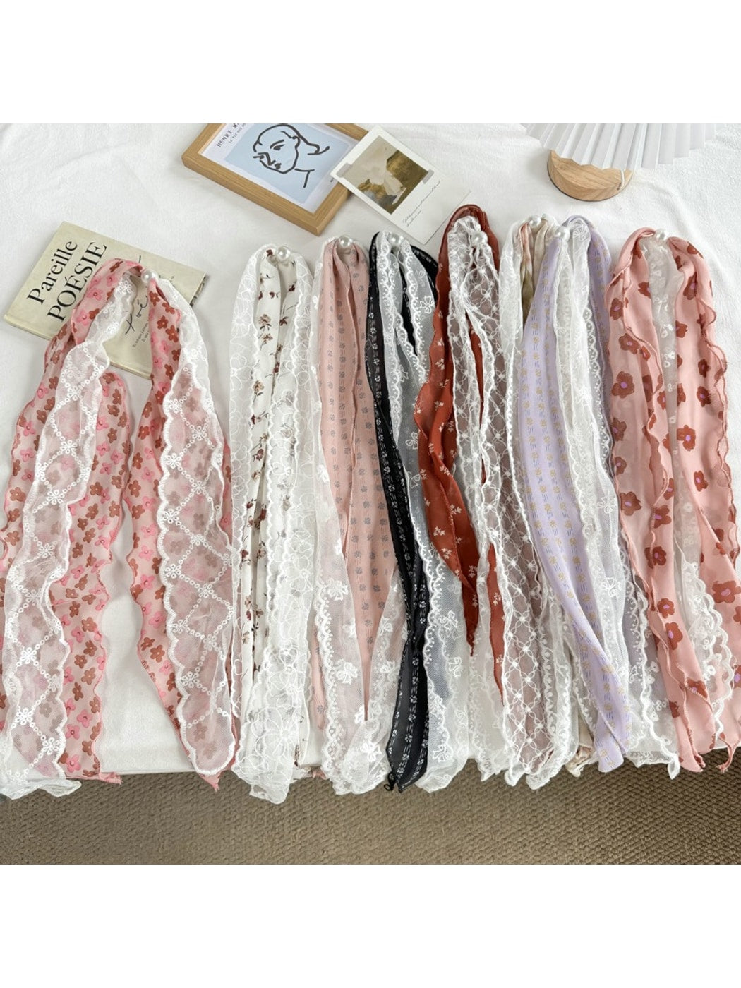 Scarvii - Lace Double Layer Floral Long Narrow Scarf
