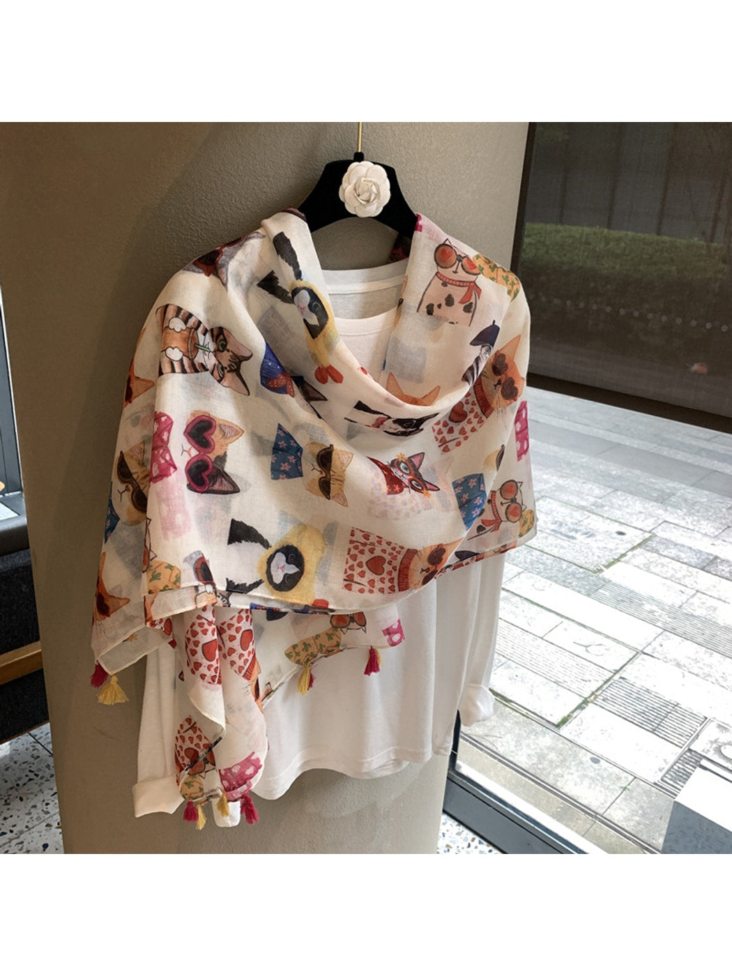 Scarvii - Playful Cat Print Tassel Shawl