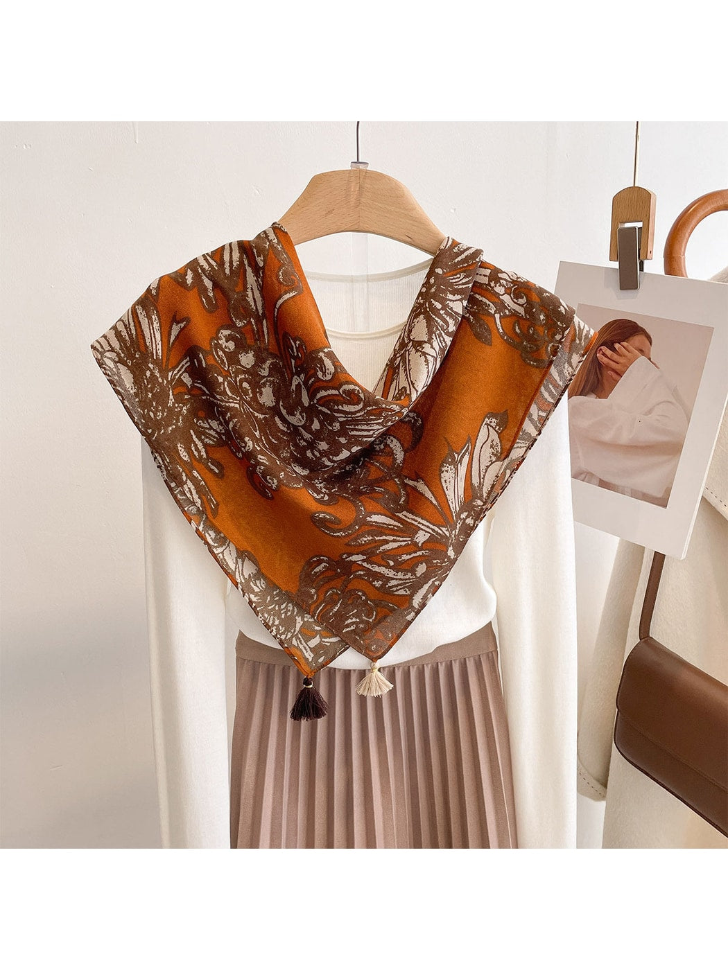 Scarvii - Warm Tone Floral Print Fashion Square Scarf