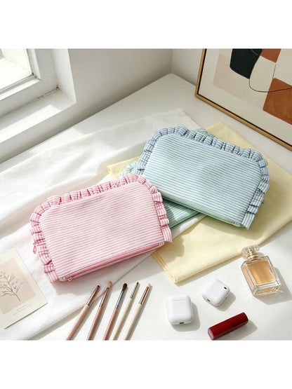 Cosbai - Pastel-toned Striped Ruffle Trim Zip Pouch