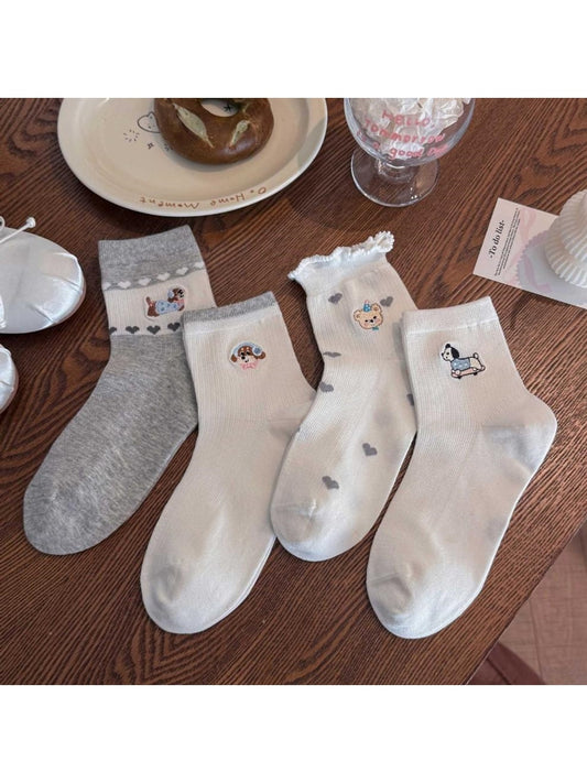 Rufia - Cute Cartoon Dog and Bear Embroidered Crew Socks