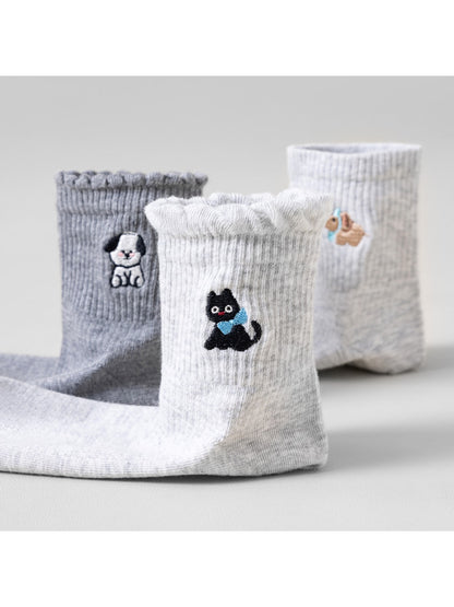 Rufia - Cartoon Embroidered Solid Crew Socks