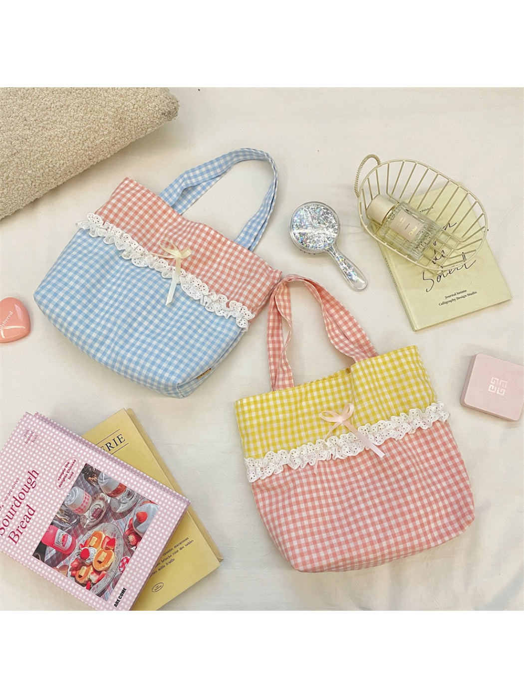 Cosbai - Lace Trim Gingham Tote Bag