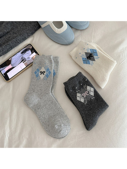 Rufia - Preppy Argyle Bow Pattern Crew Socks