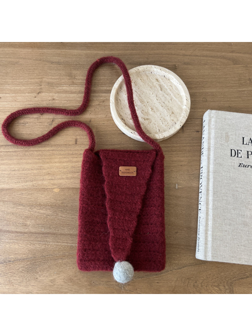 Cosbai - Pointed Flap Knit Crossbody Bag with Pom Pom