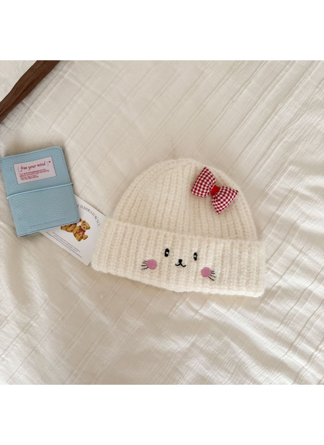 Haila - Cat Face Knit Beanie with Gingham Bow