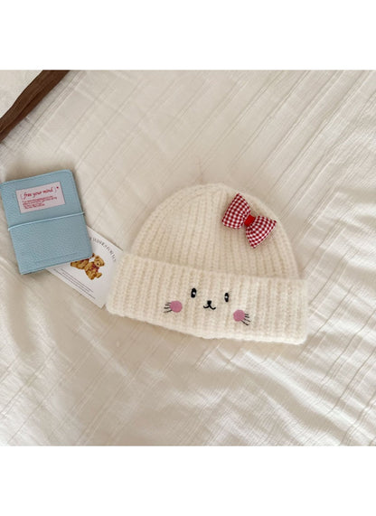 Haila - Cat Face Knit Beanie with Gingham Bow