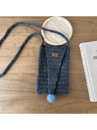 Cosbai - Pointed Flap Knit Crossbody Bag with Pom Pom