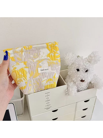 Cosbai - Yellow Floral Pleated Design Zip Pouch