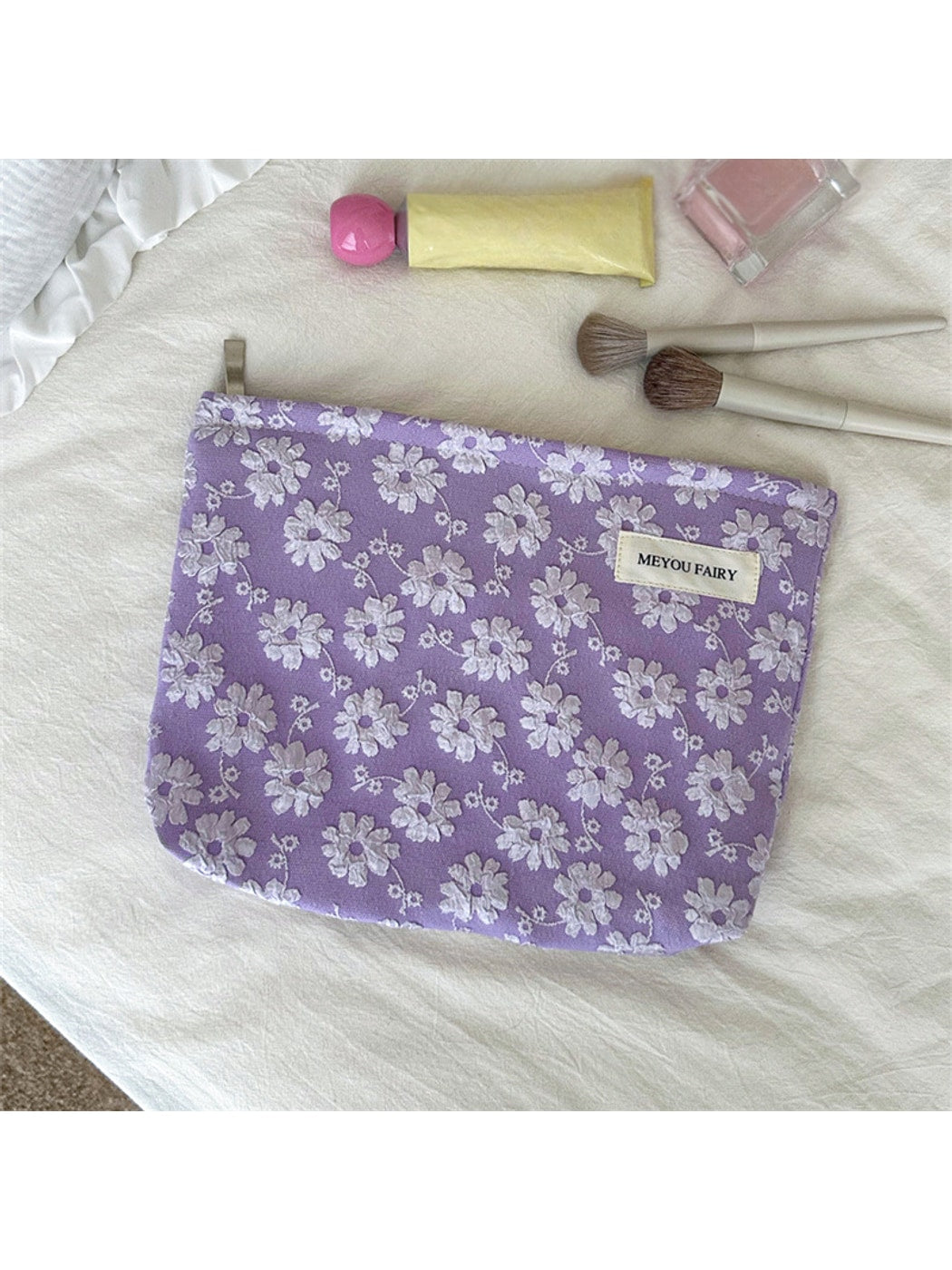 Cosbai - Floral Bow Zipper Cosmetic Organizer Bag