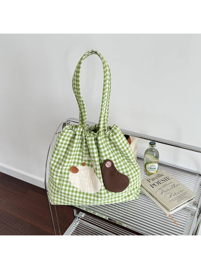 Cosbai Puppy Gingham Drawstring Tote with puppy graphic detail on front