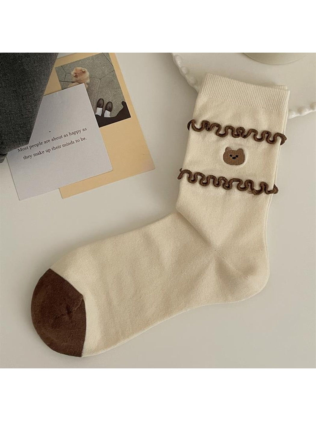 Rufia - Brown Cute Bear Pattern Crew Socks