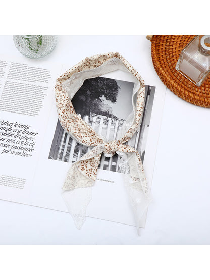 Scarvii - Floral Print Lace Trim Narrow Scarf