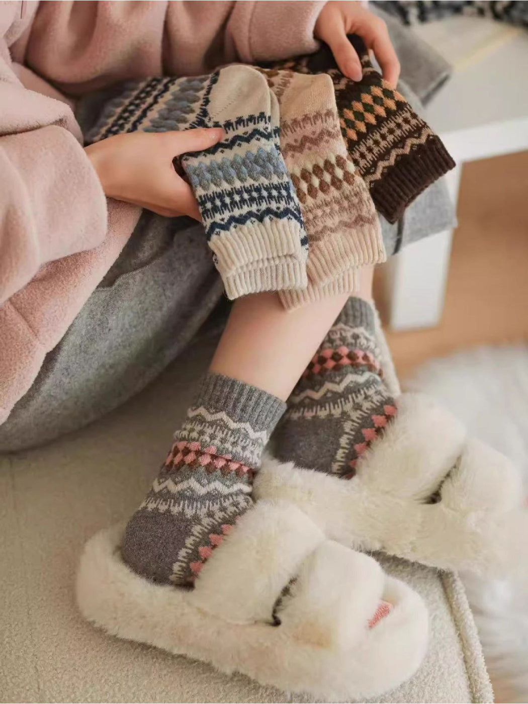 Rufia - Geometric Pattern Knit Crew Socks