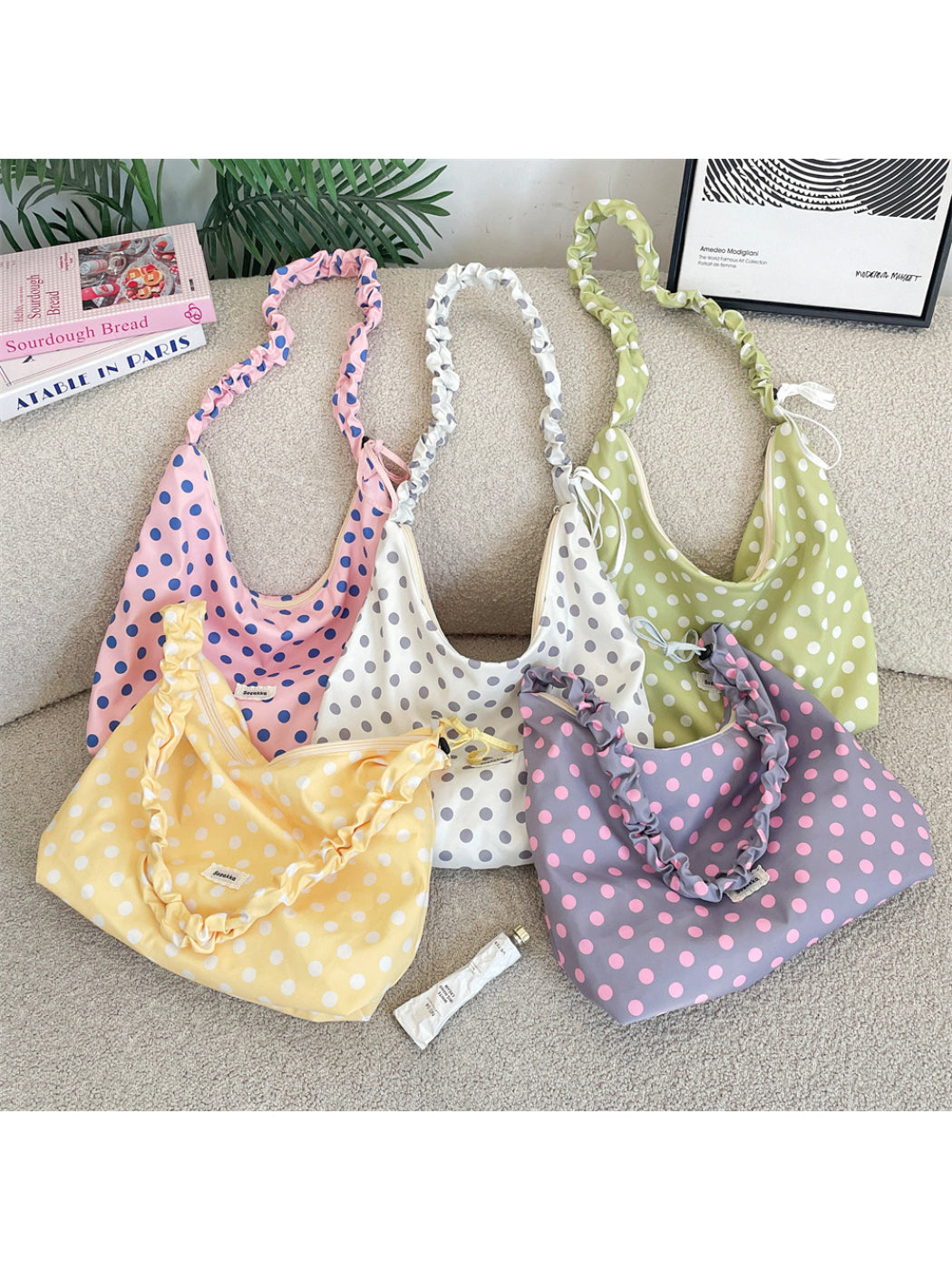 Cosbai - Polka Dot Ruched Strap Hobo Bag