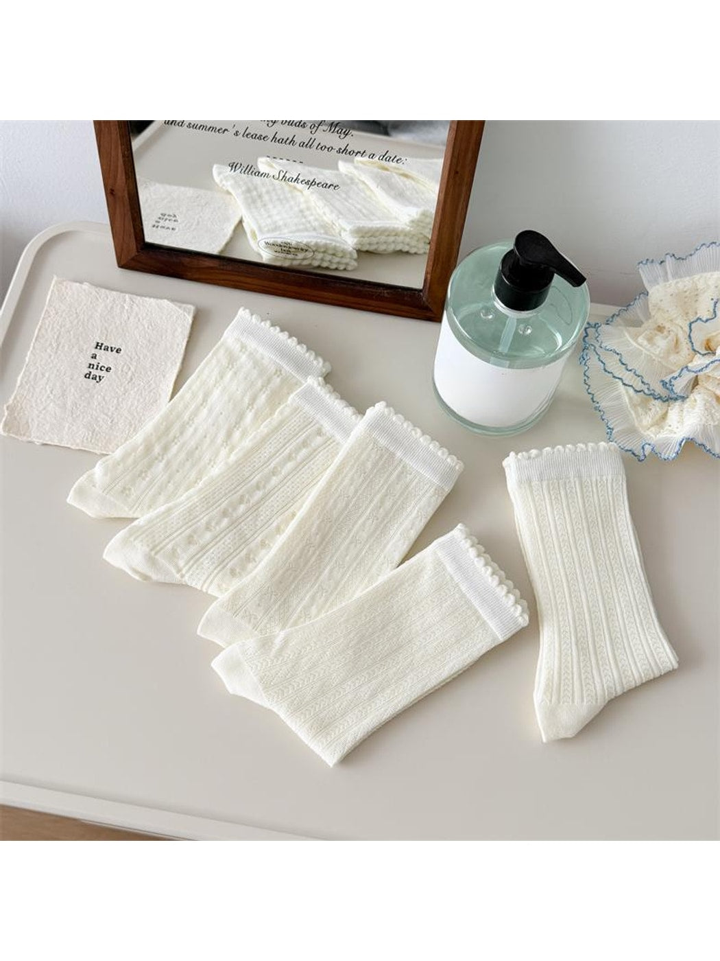 Rufia - White Embossing Scalloped Edge Crew Socks