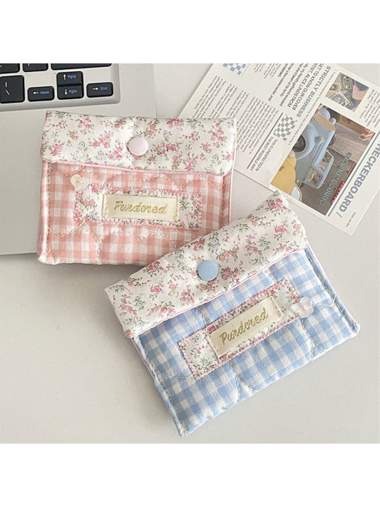 Cosbai Floral Gingham Snap Button Pouch front view with pink and white check pattern