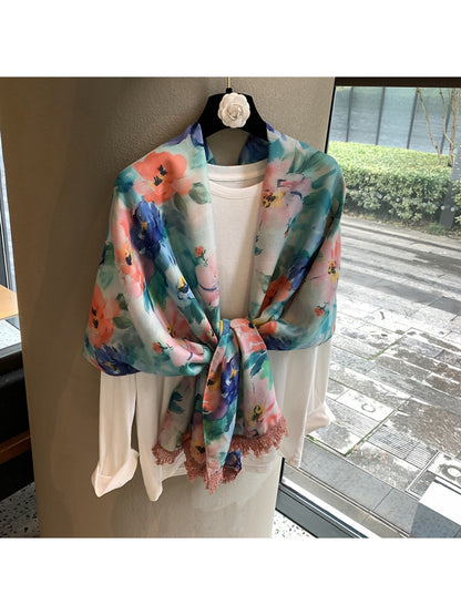 Scarvii - Watercolor Floral Print Long Scarf
