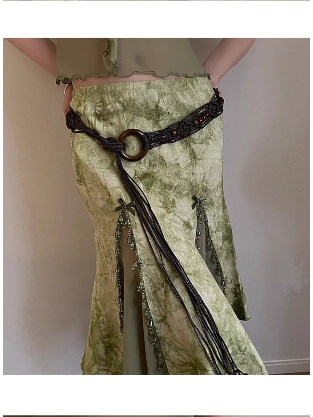 Model wearing Beco Boho braided rope waist belt over casual outfit highlighting bohemian style