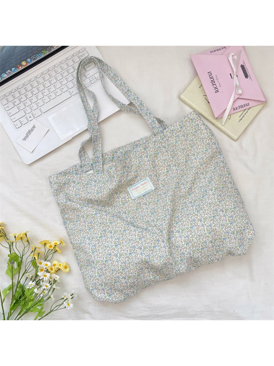 Cosbai - Ditsy Floral Pattern Slouchy Style Tote Bag