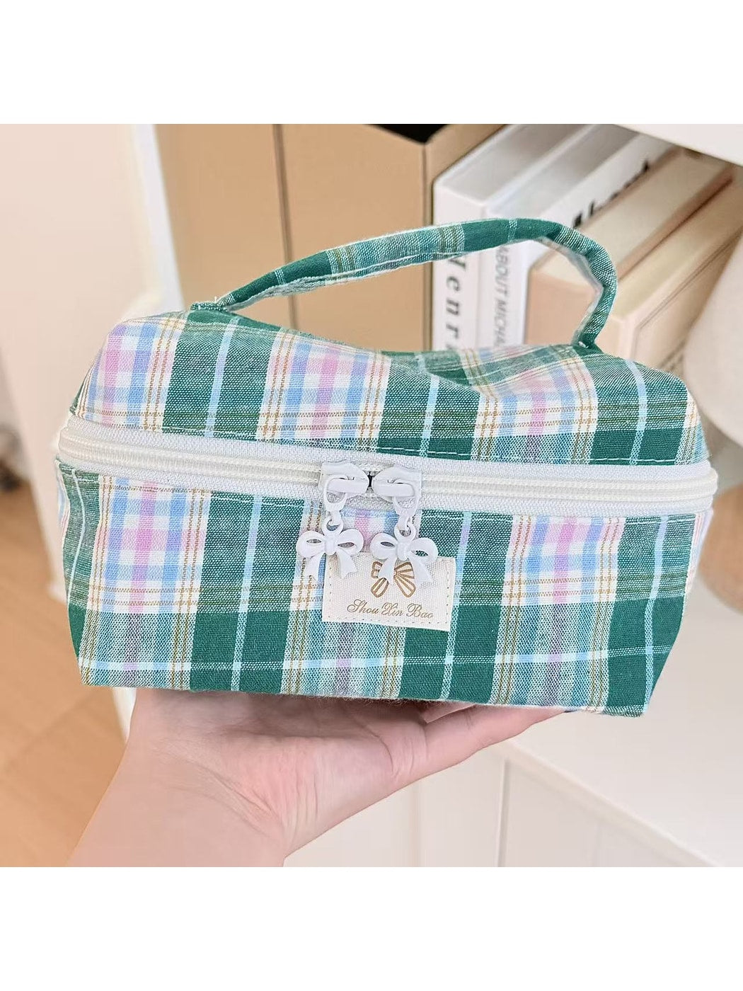 Cosbai - Handheld Plaid Toiletry Organizer Pouch Bag