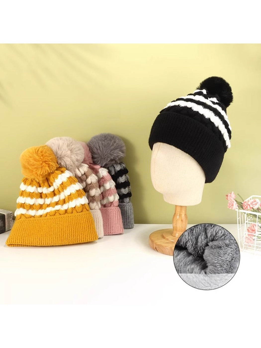 Haila - Women's Striped Fleece Lined Beanie with Pom