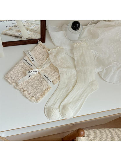 Rufia - Ruffle Trim Ribbed Solid Color Crew Socks