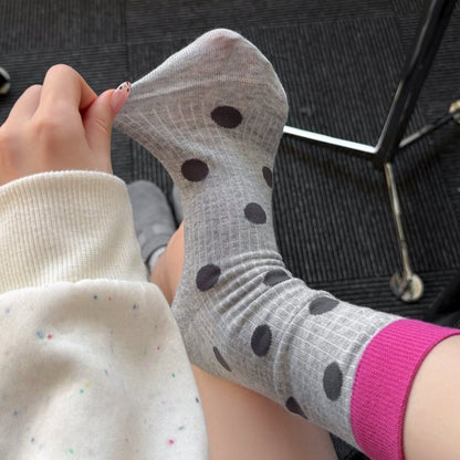 Rufia Dot Color Block Contrast mid-calf socks laid flat showing dot pattern and color block design